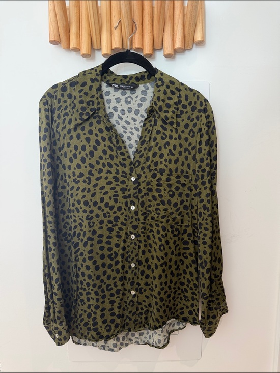 Zara Tops - Zara Olive Green & Black Leopard-Print Button-Down Shirt